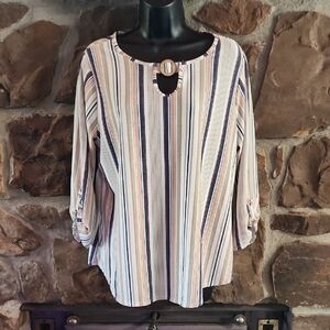 Women's Striped Keyhole Blouse in Cream, Navy & Tan